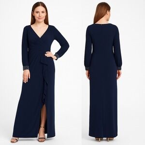 Adrianna Papell Women's Draped Jersey Beaded Gown Midnight Blue Sz 6 Long Sleeve